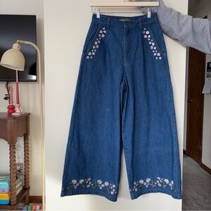 Princess Highway Size 8 Floral Embroidered Wide Leg Jeans